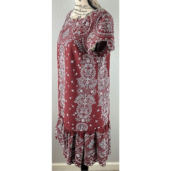 Anthropologie Feather Bone Maroon with Blue Embroidery Ruffle Dress, size Small - Picture 4 of 12